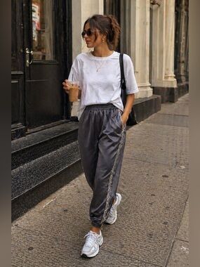 Halogen Dark Gray Satin Jogger Pants Sequin Side Stripe XS Elastic Waist